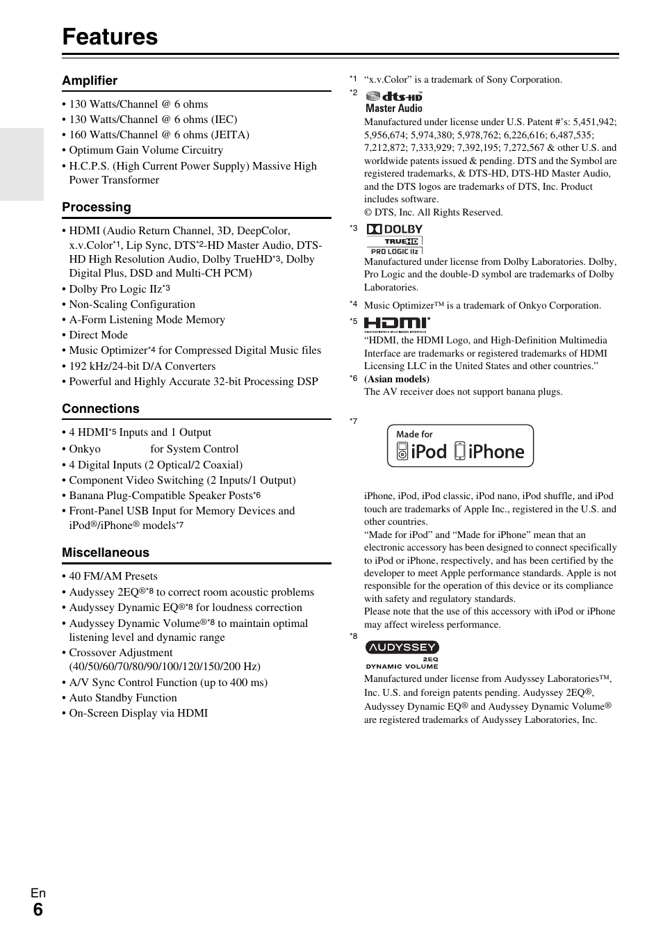Features | Onkyo HT-R590 User Manual | Page 6 / 60