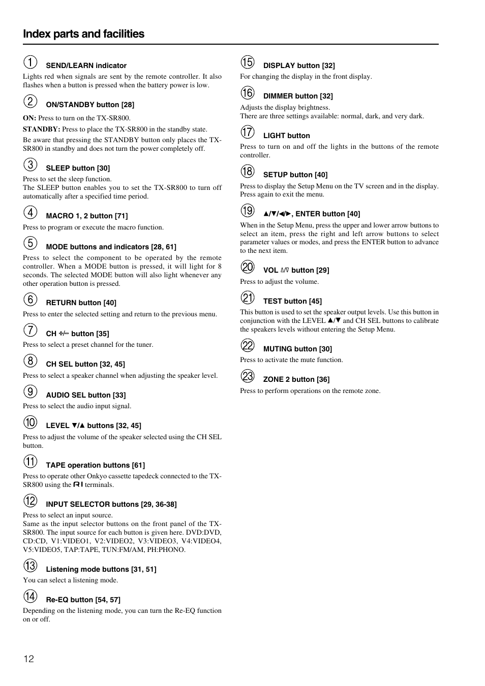 Index parts and facilities | Onkyo TX-SR800 User Manual | Page 12 / 81