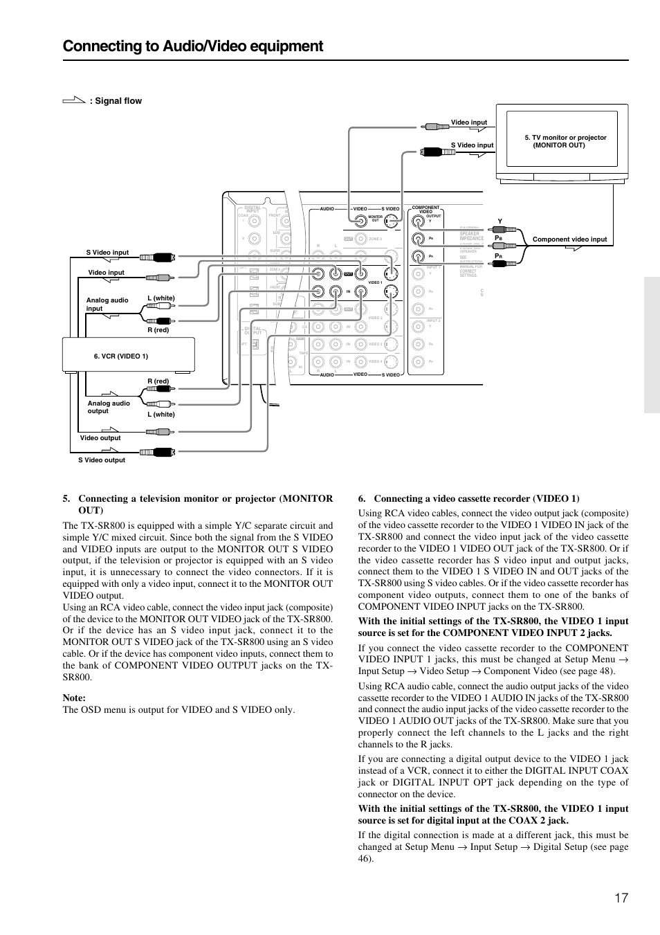 Connecting to audio/video equipment, Signal flow | Onkyo TX-SR800 User Manual | Page 17 / 81