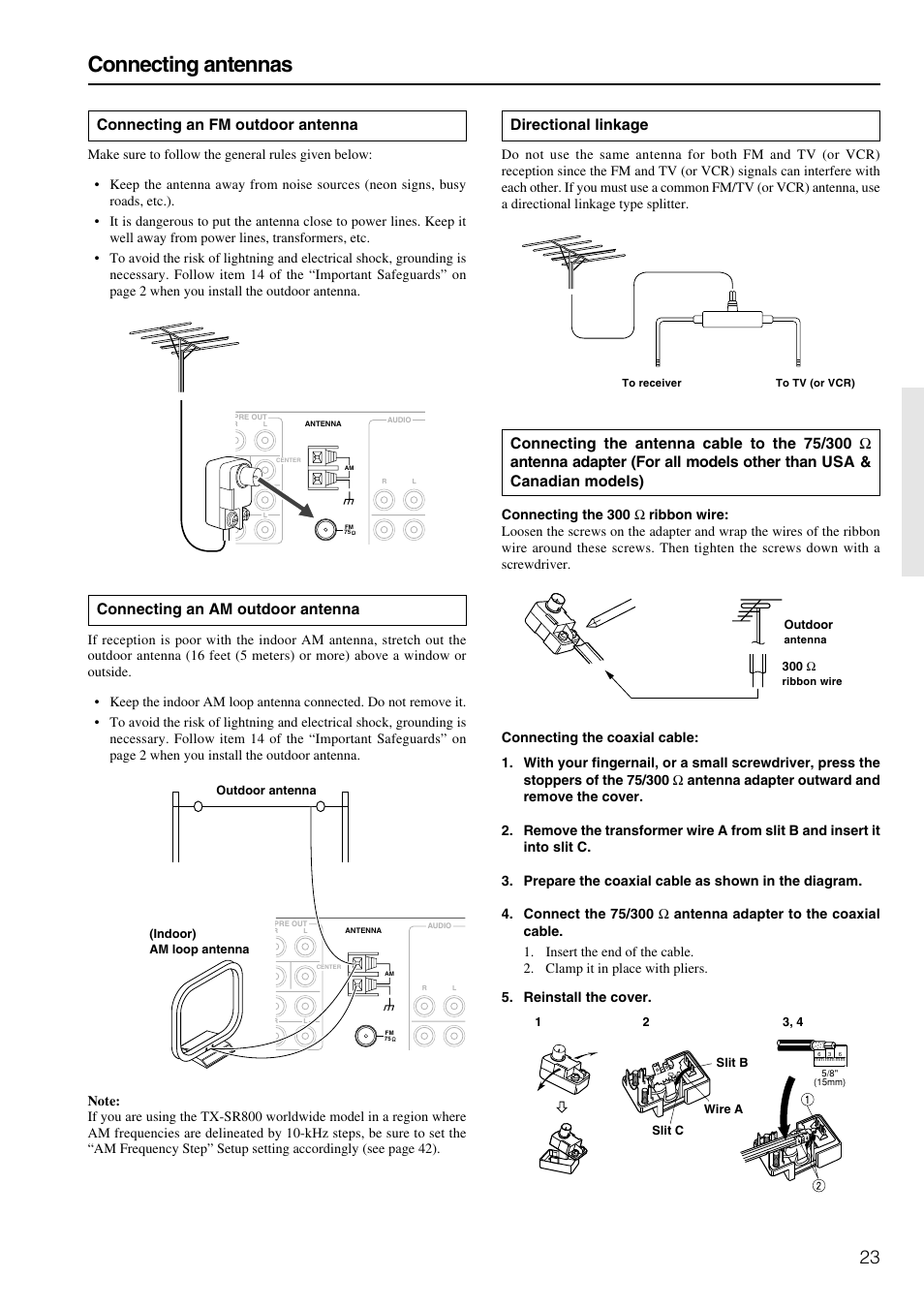 Connecting antennas, Directional linkage, Connecting an fm outdoor antenna | Connecting an am outdoor antenna | Onkyo TX-SR800 User Manual | Page 23 / 81