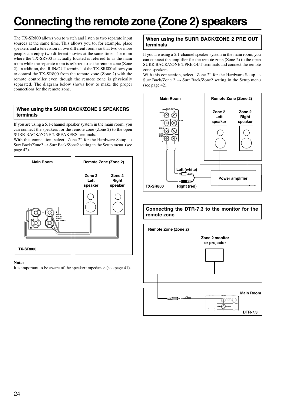 Zone 2 speakers, Connecting the remote zone (zone 2) speakers, When using the surr back/zone 2 pre out terminals | When using the surr back/zone 2 speakers terminals | Onkyo TX-SR800 User Manual | Page 24 / 81