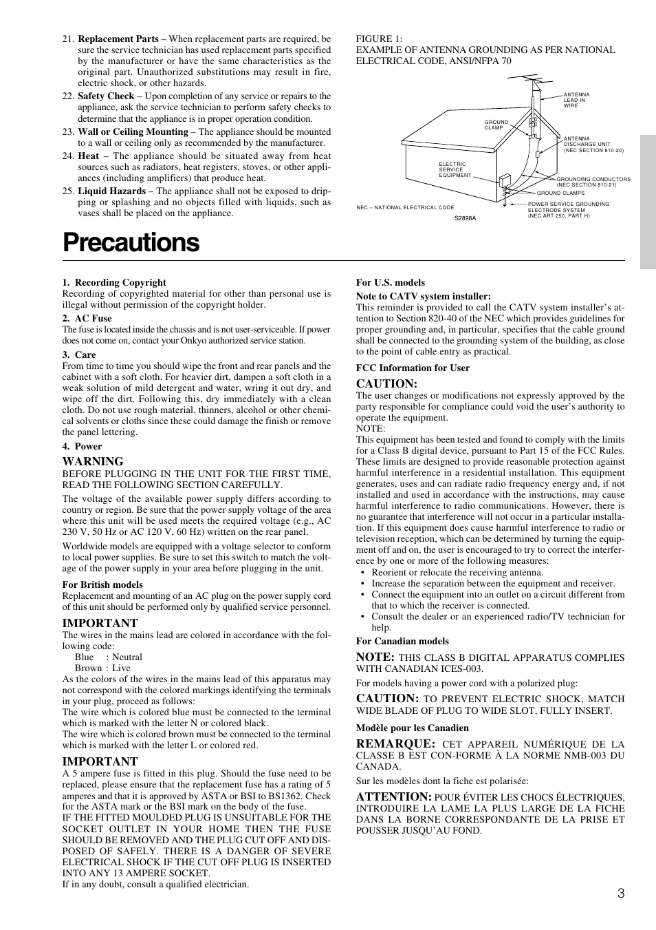 Precautions | Onkyo TX-SR800 User Manual | Page 3 / 81