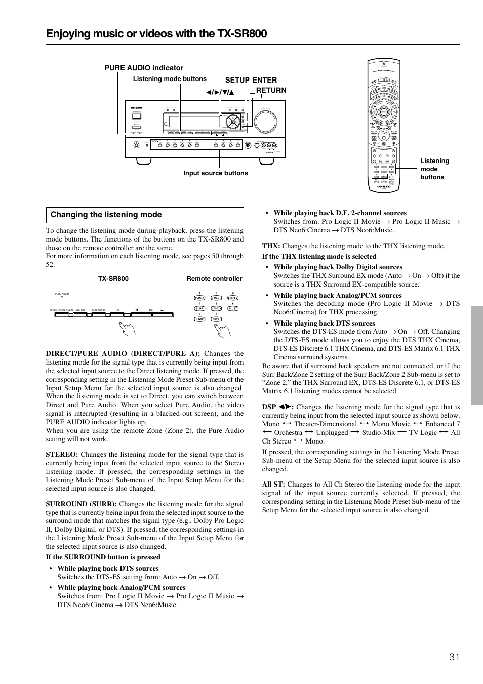 Enjoying music or videos with the tx-sr800, Changing the listening mode | Onkyo TX-SR800 User Manual | Page 31 / 81