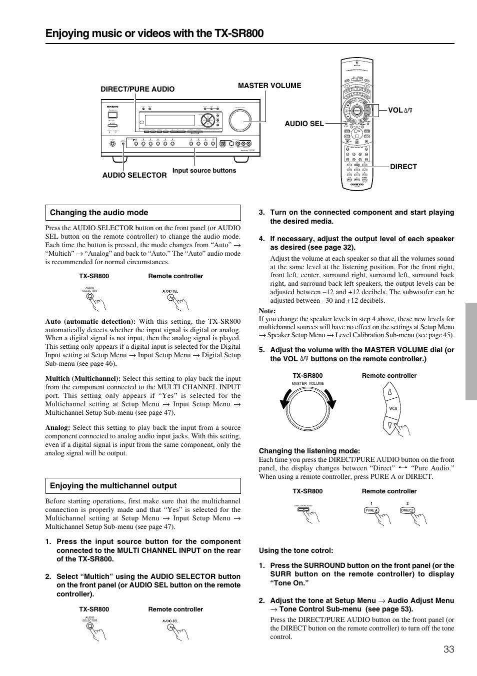 Enjoying music or videos with the tx-sr800, Changing the audio mode, Enjoying the multichannel output | Onkyo TX-SR800 User Manual | Page 33 / 81