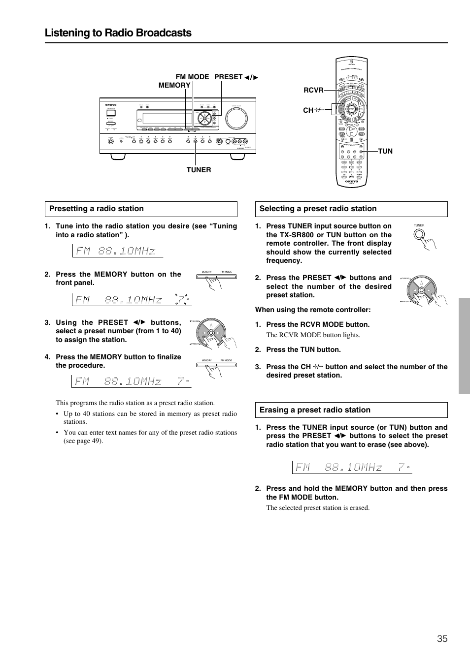 Listening to radio broadcasts, Selecting a preset radio station, Erasing a preset radio station | Presetting a radio station | Onkyo TX-SR800 User Manual | Page 35 / 81