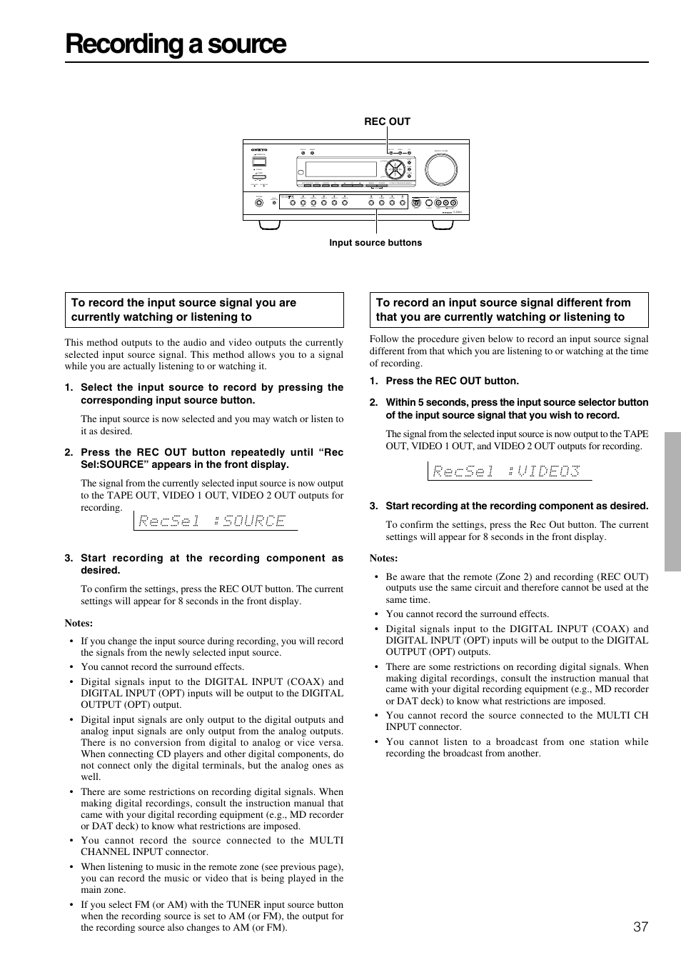 Recording, Recording a source | Onkyo TX-SR800 User Manual | Page 37 / 81