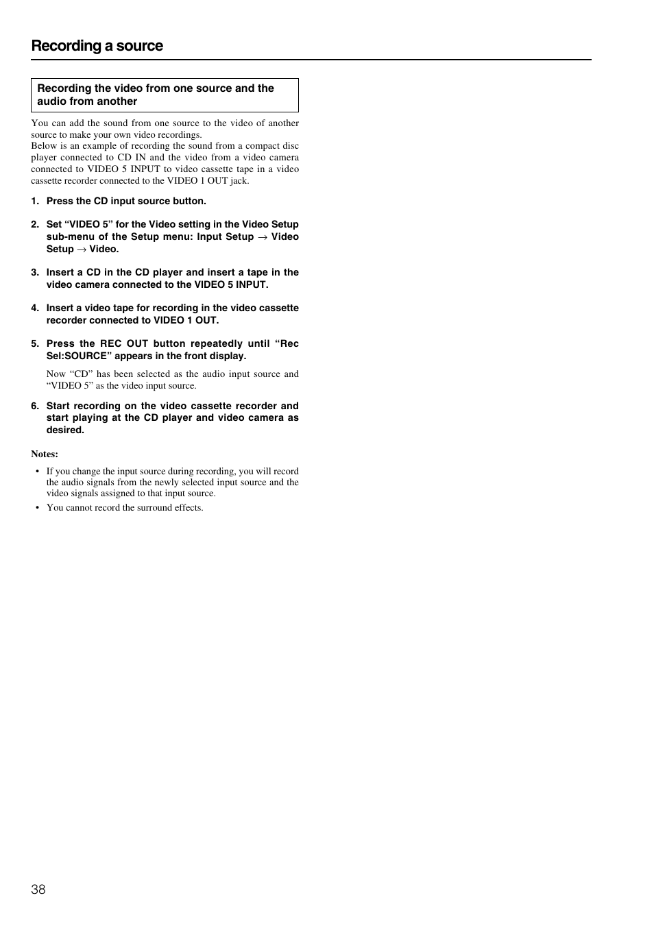 Recording a source | Onkyo TX-SR800 User Manual | Page 38 / 81