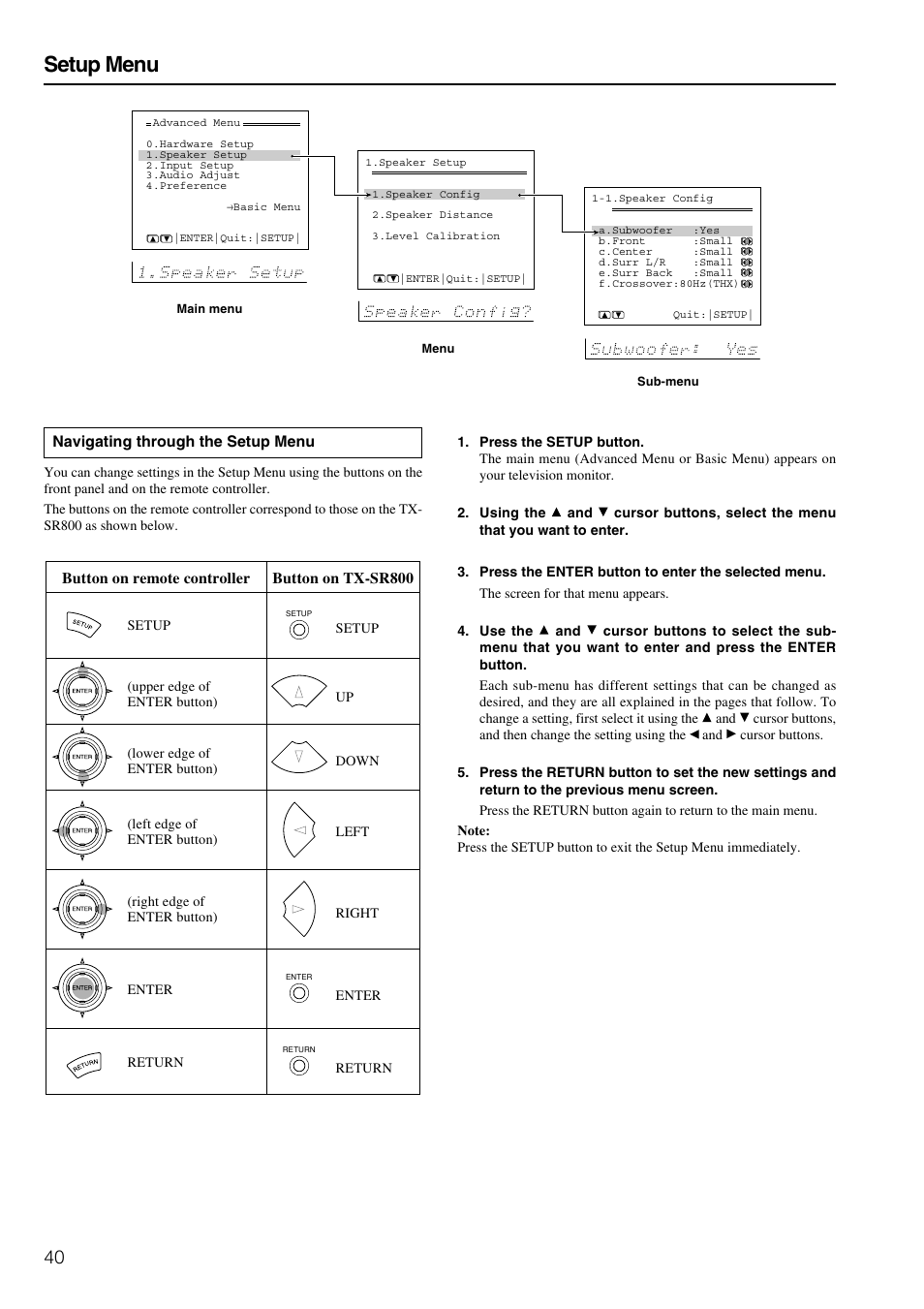 Setup menu | Onkyo TX-SR800 User Manual | Page 40 / 81