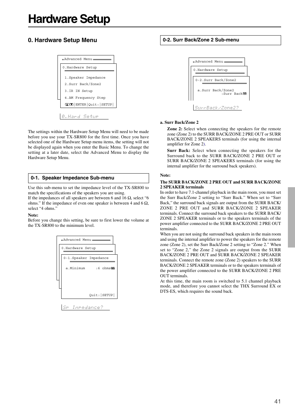 Hardware, Hardware setup, 41 0. hardware setup menu | Onkyo TX-SR800 User Manual | Page 41 / 81