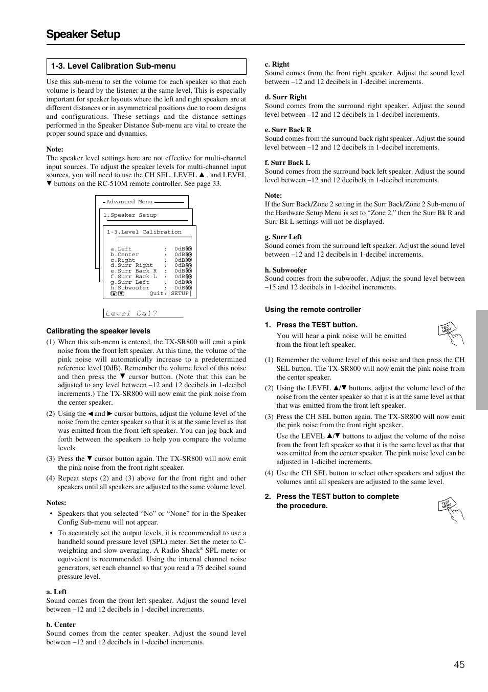 Speaker setup | Onkyo TX-SR800 User Manual | Page 45 / 81