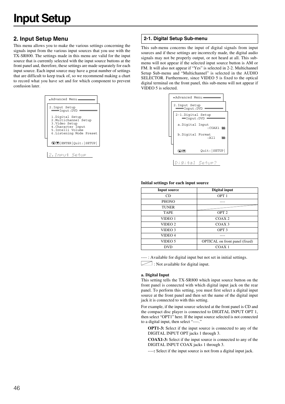 Input, Input setup, Input setup menu | Onkyo TX-SR800 User Manual | Page 46 / 81