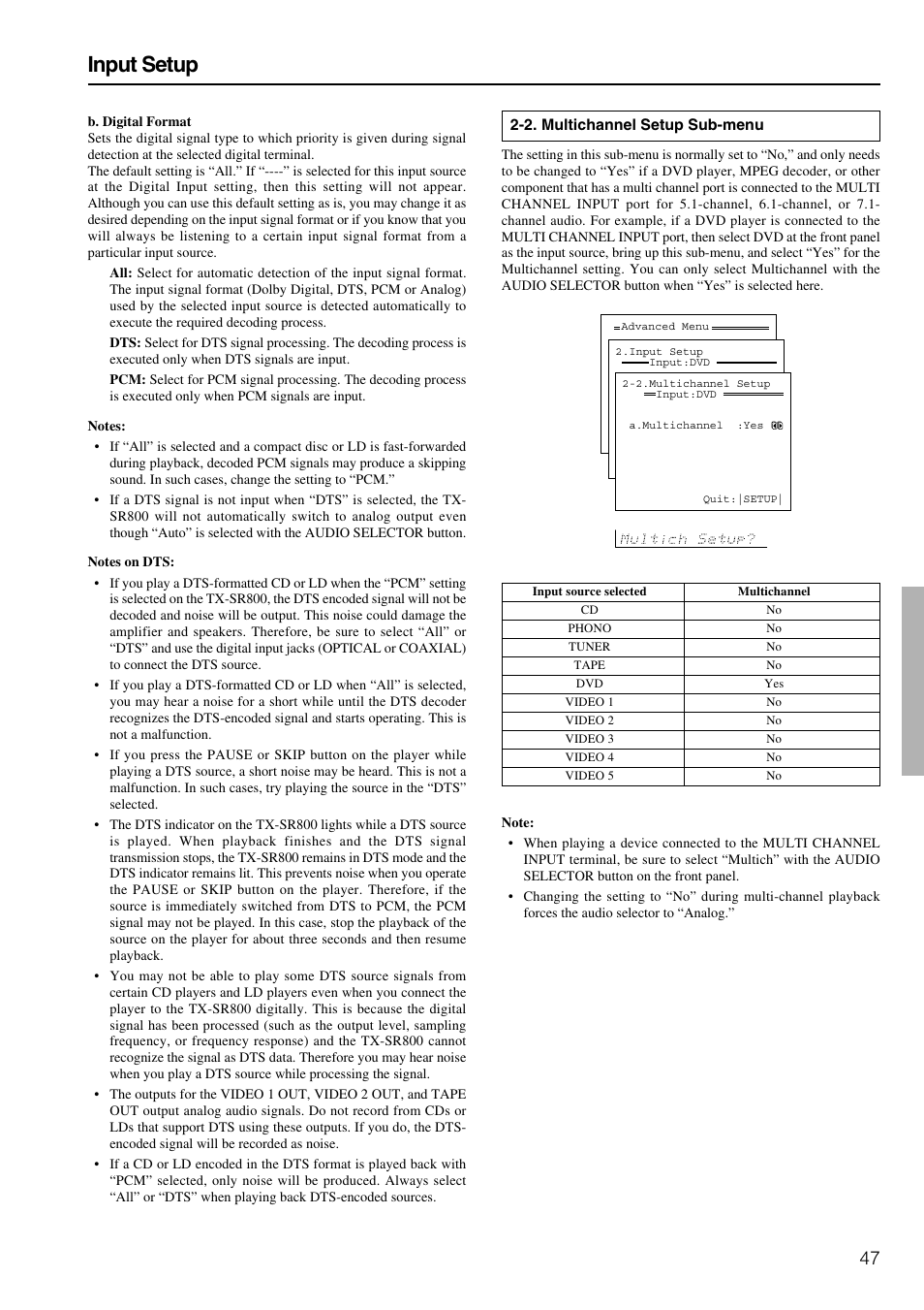 Input setup | Onkyo TX-SR800 User Manual | Page 47 / 81