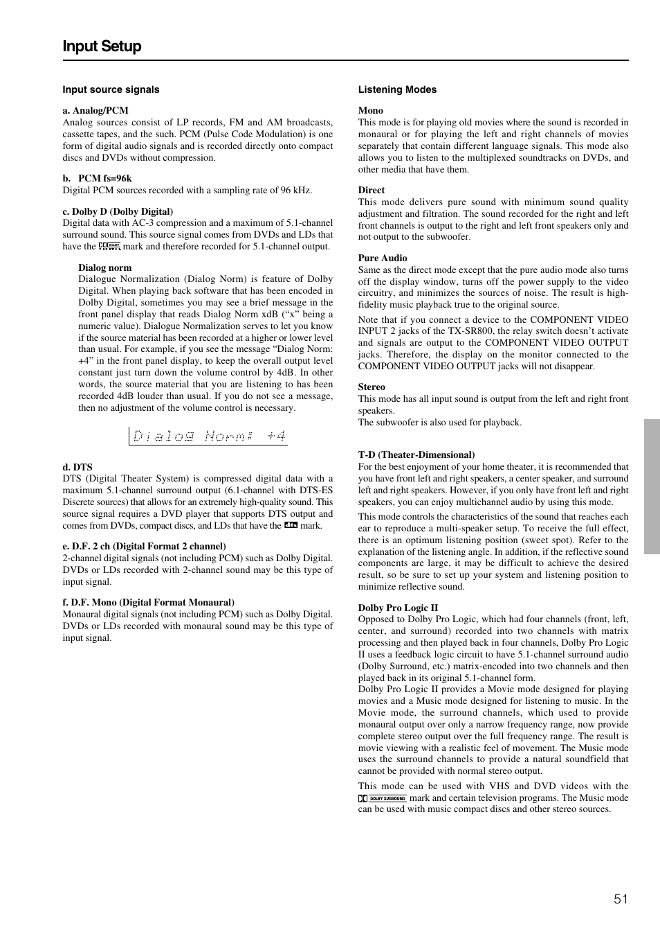 Input setup | Onkyo TX-SR800 User Manual | Page 51 / 81