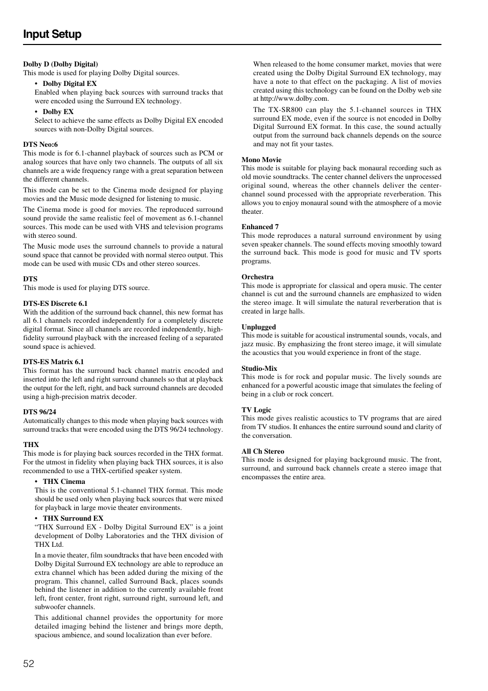Input setup | Onkyo TX-SR800 User Manual | Page 52 / 81