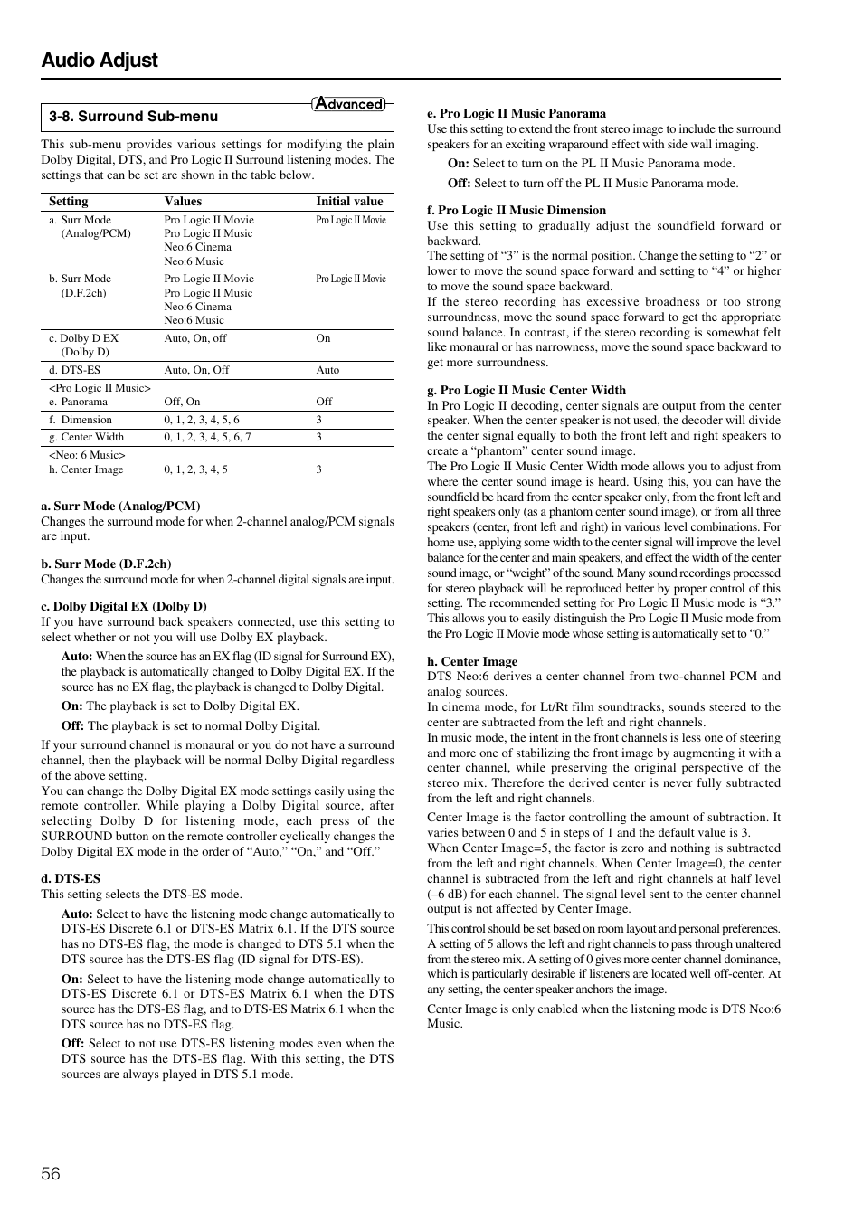 Audio adjust | Onkyo TX-SR800 User Manual | Page 56 / 81