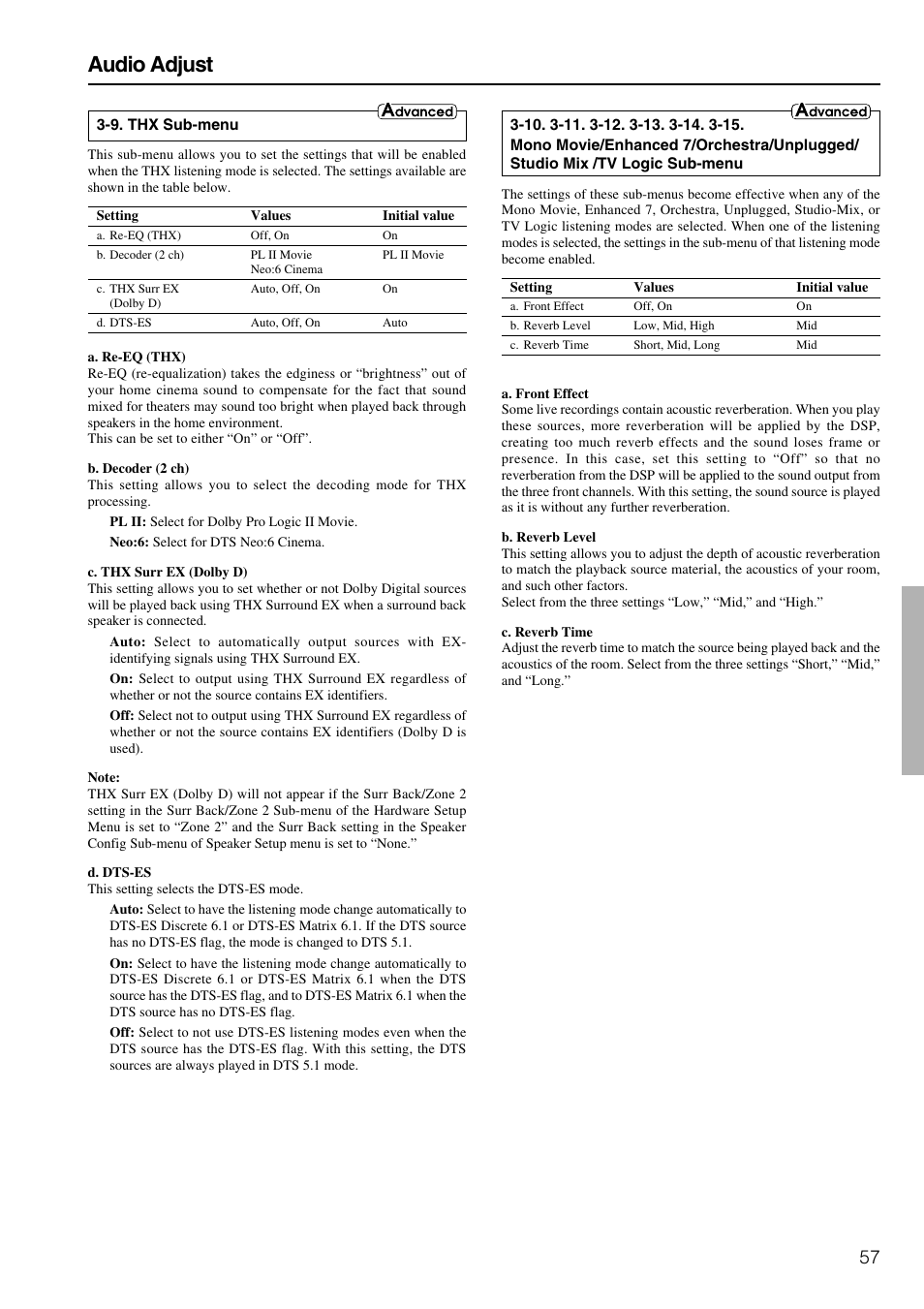 Audio adjust | Onkyo TX-SR800 User Manual | Page 57 / 81