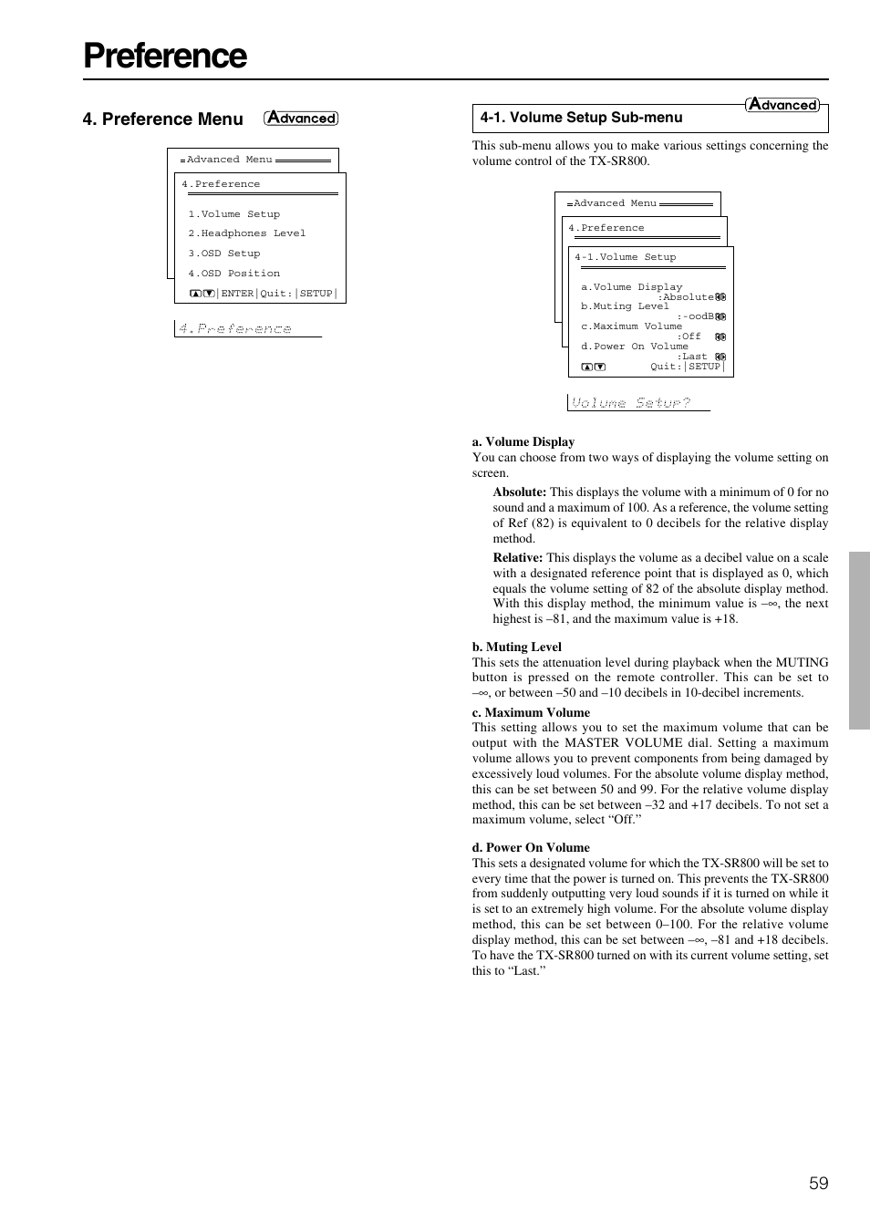 Preference, Preference menu | Onkyo TX-SR800 User Manual | Page 59 / 81