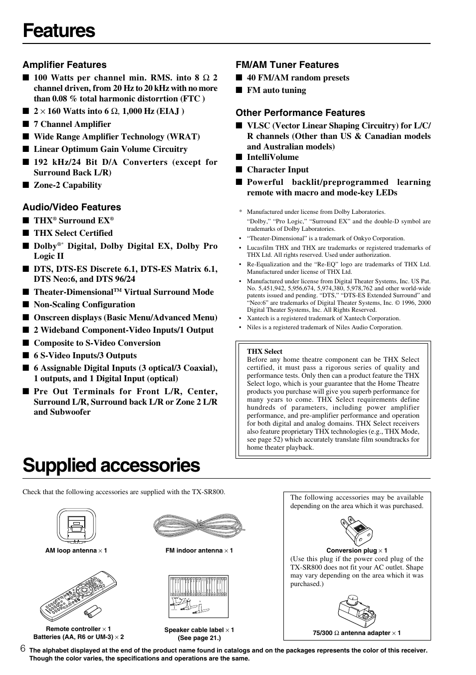 Features, Features supplied accessories, Amplifier features | Audio/video features, Fm/am tuner features, Other performance features, Surround ex, Thx select certified ■ dolby, 40 fm/am random presets ■ fm auto tuning, Speaker cable | Onkyo TX-SR800 User Manual | Page 6 / 81