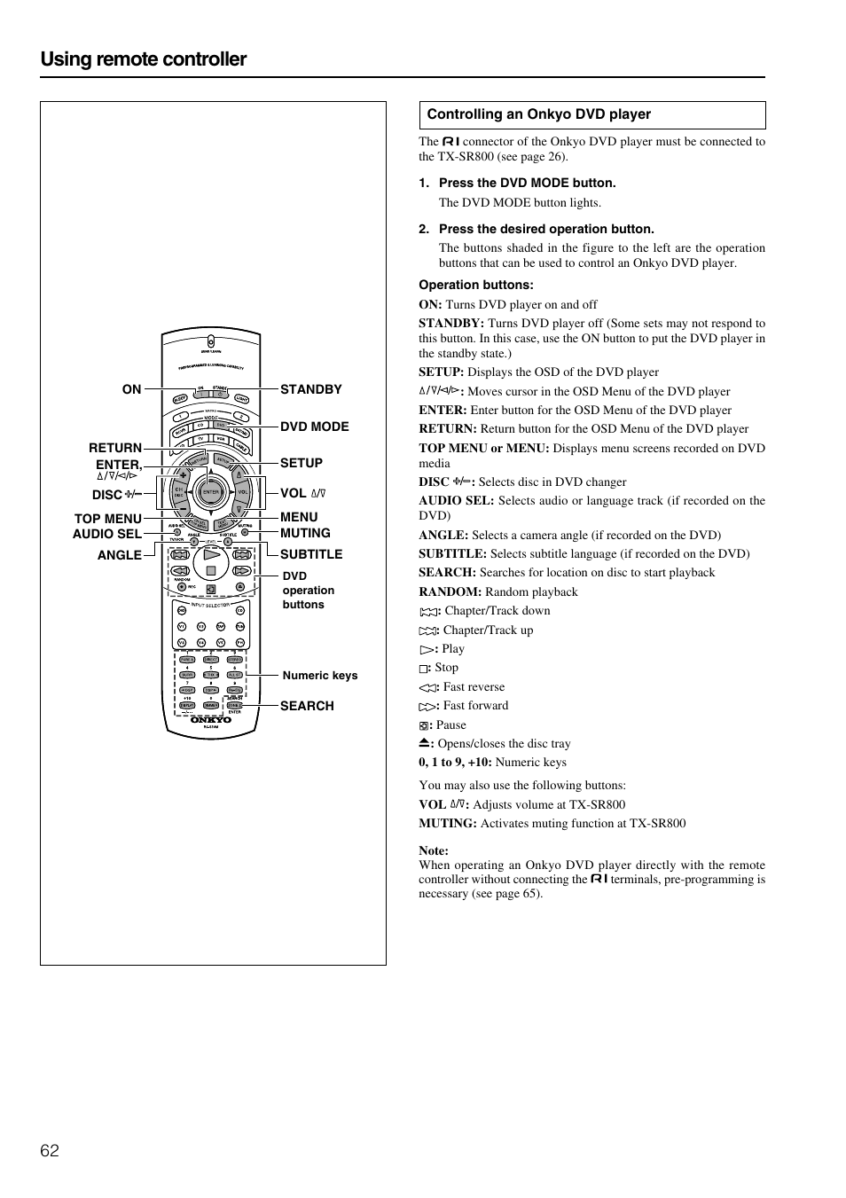 Using remote controller | Onkyo TX-SR800 User Manual | Page 62 / 81