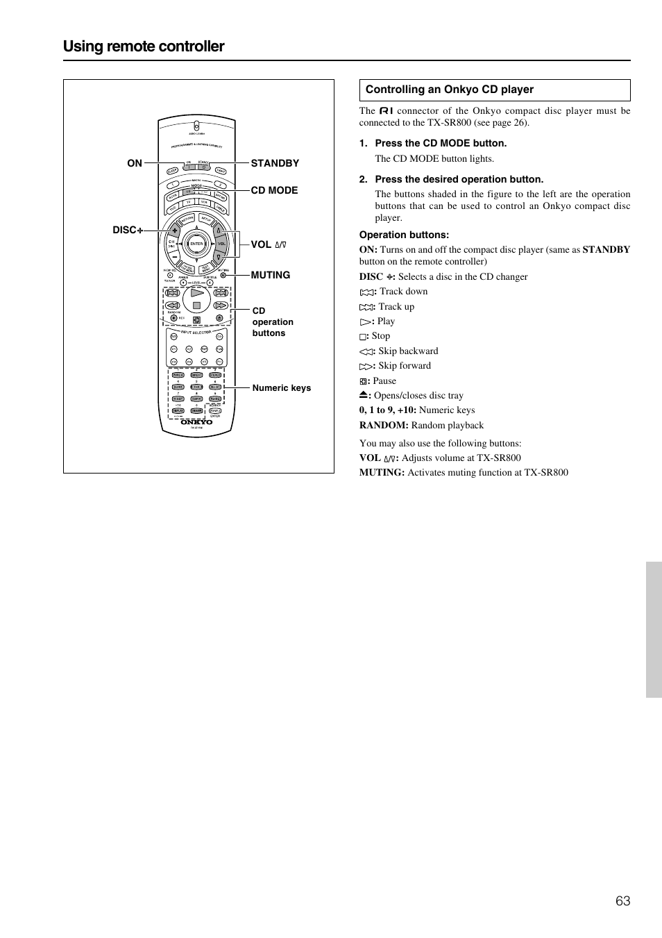 Using remote controller | Onkyo TX-SR800 User Manual | Page 63 / 81