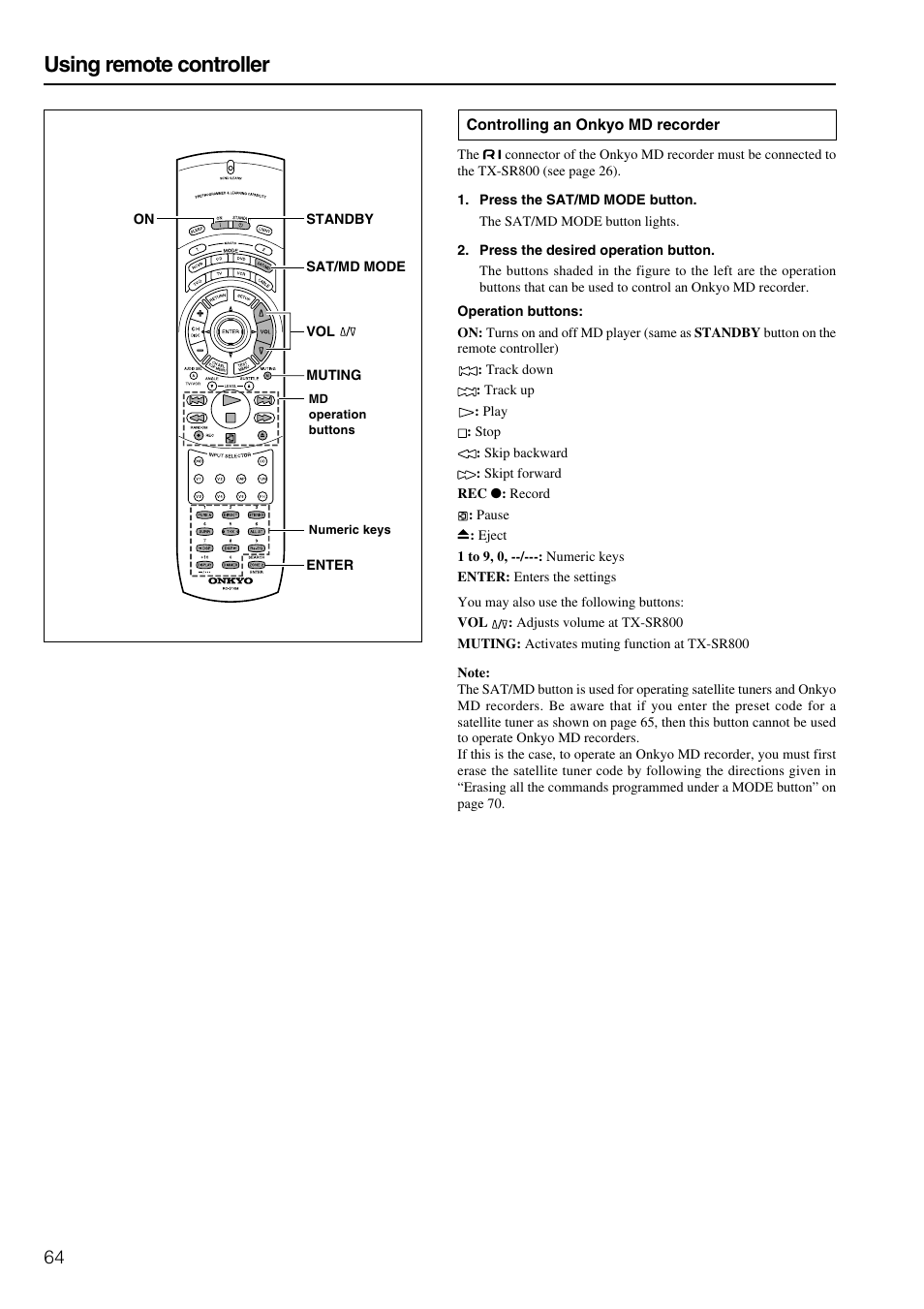 Using remote controller | Onkyo TX-SR800 User Manual | Page 64 / 81