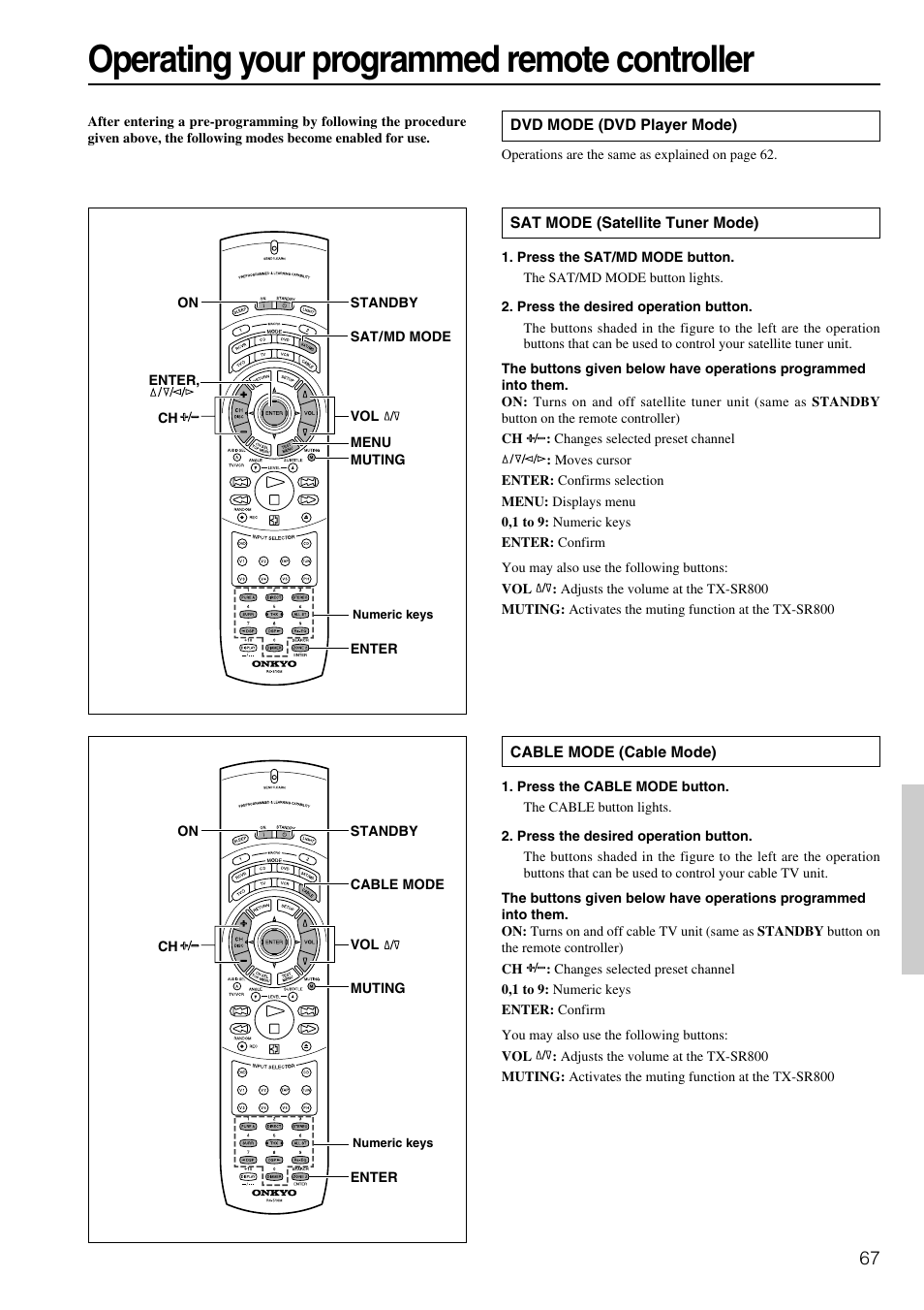 Operating your programmed remote controller | Onkyo TX-SR800 User Manual | Page 67 / 81