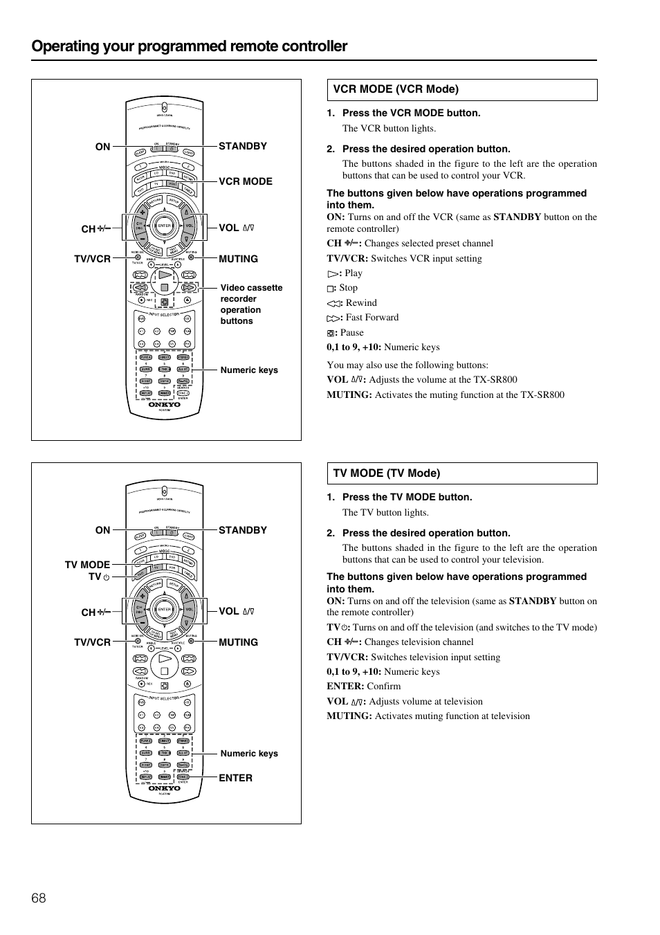 Operating your programmed remote controller | Onkyo TX-SR800 User Manual | Page 68 / 81