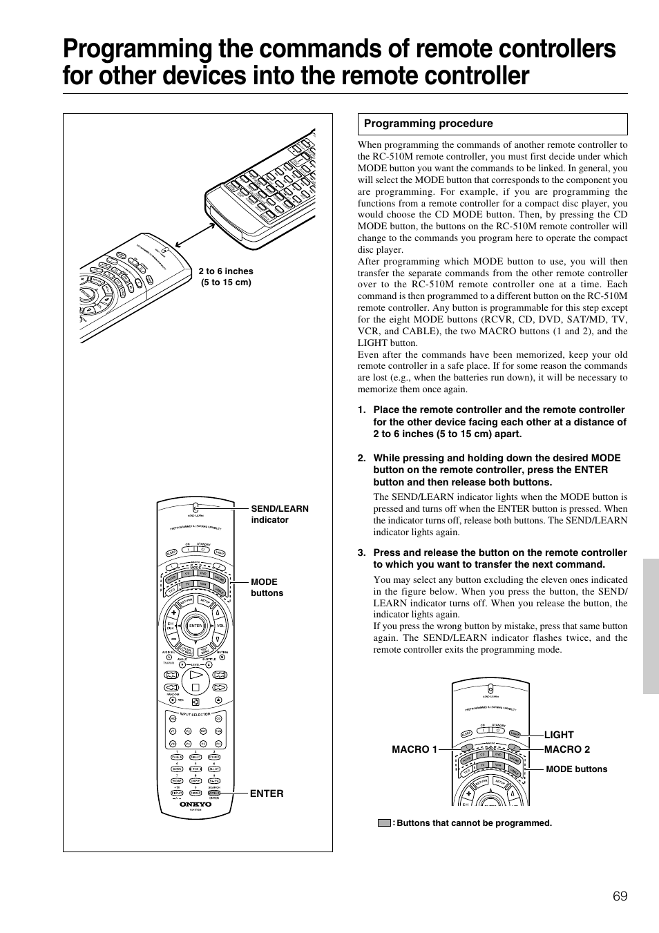 Learning commands, Programming procedure, Macro 1 macro 2 light | Enter | Onkyo TX-SR800 User Manual | Page 69 / 81
