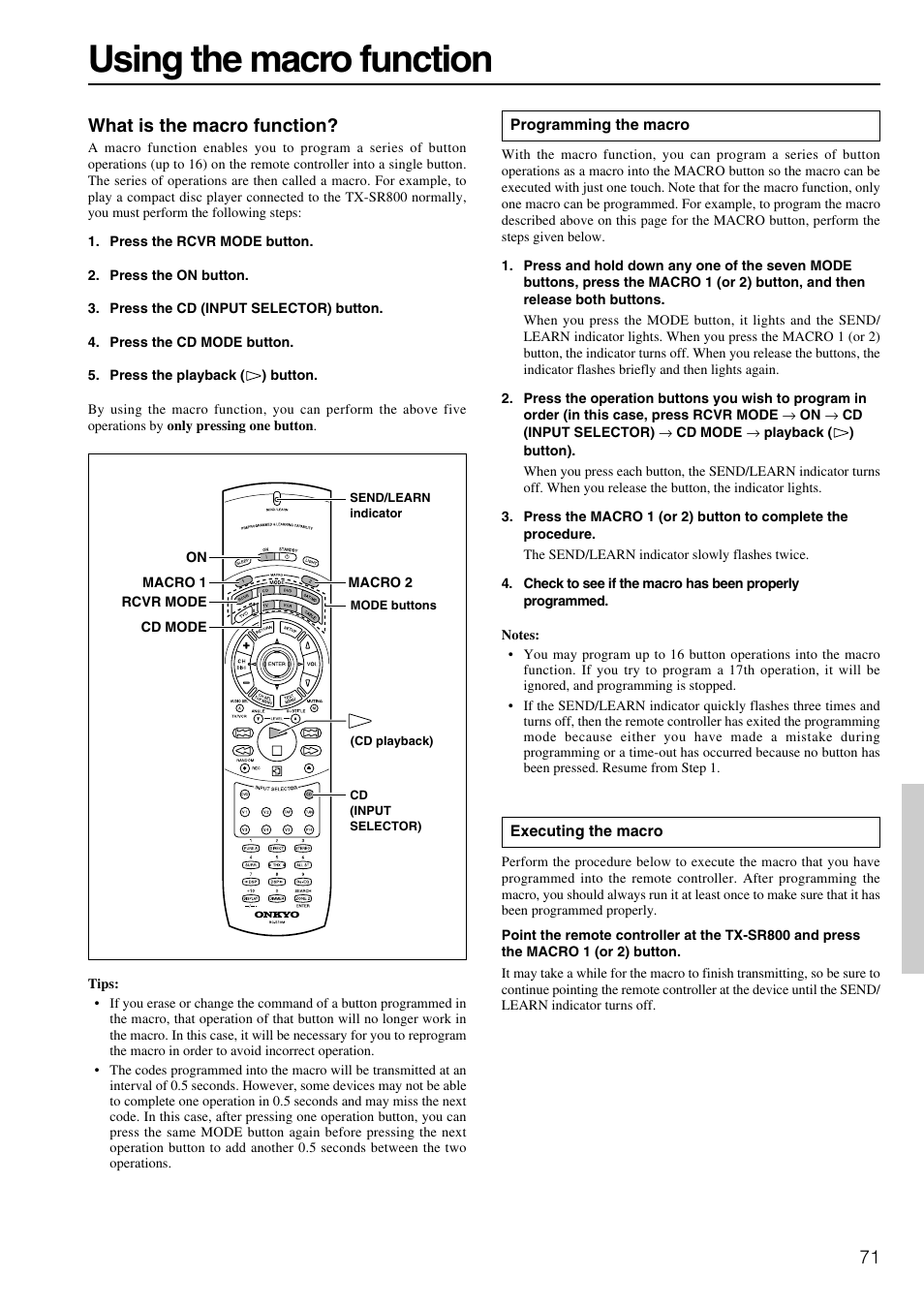 Macro functions, Using the macro function, 71 what is the macro function | Onkyo TX-SR800 User Manual | Page 71 / 81