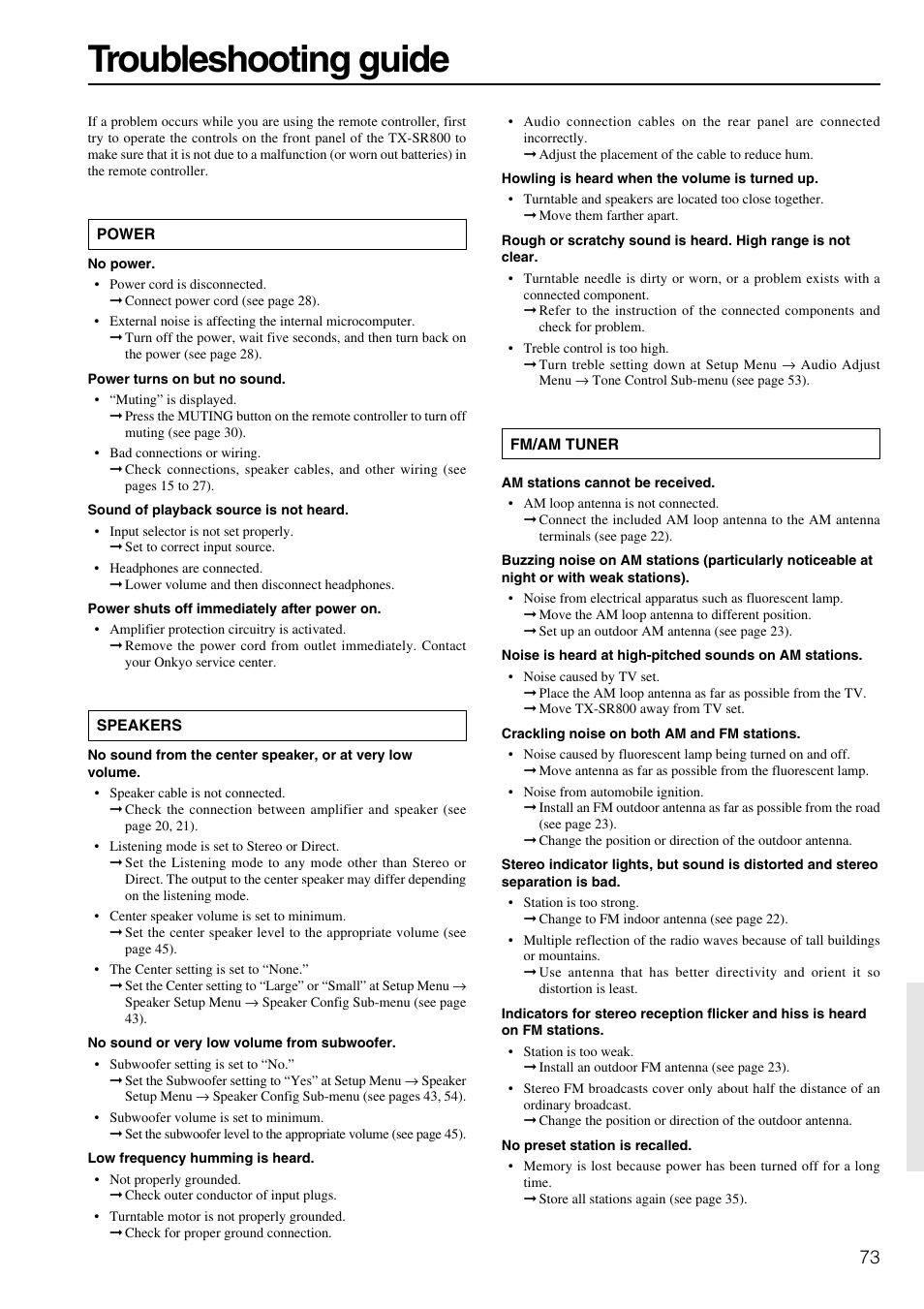 Troubleshooting, Troubleshooting guide | Onkyo TX-SR800 User Manual | Page 73 / 81