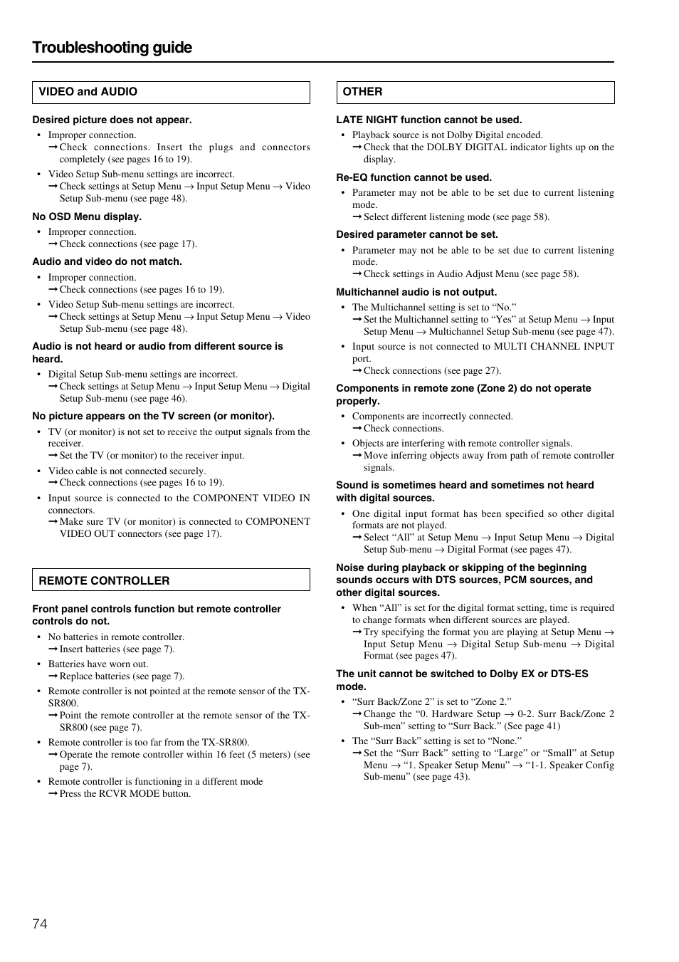 Troubleshooting guide | Onkyo TX-SR800 User Manual | Page 74 / 81