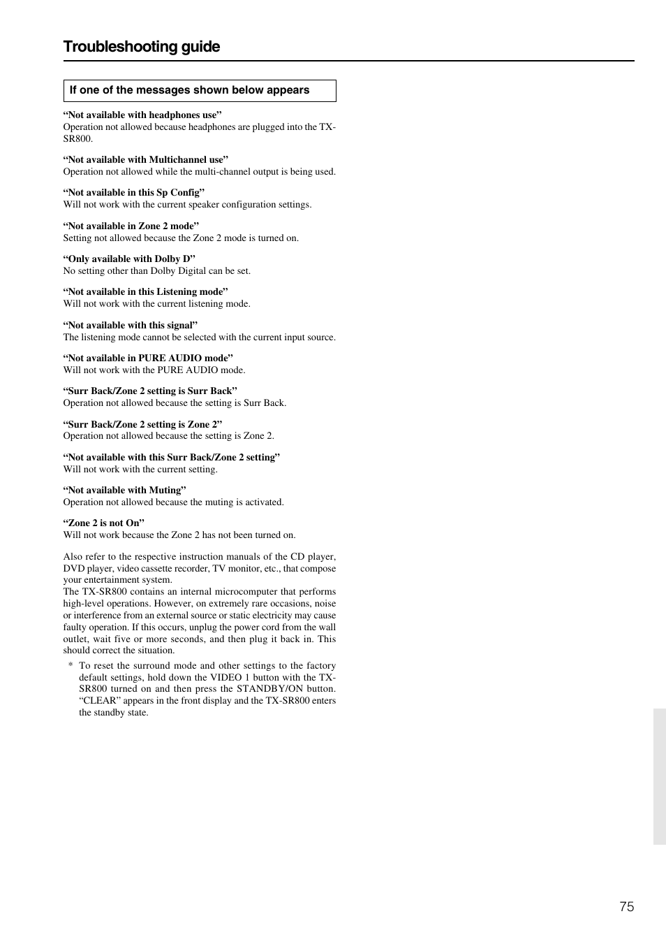Troubleshooting guide | Onkyo TX-SR800 User Manual | Page 75 / 81