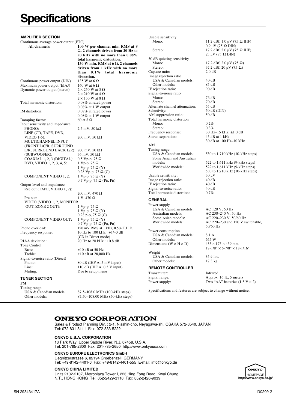 Specs, Specifications | Onkyo TX-SR800 User Manual | Page 76 / 81