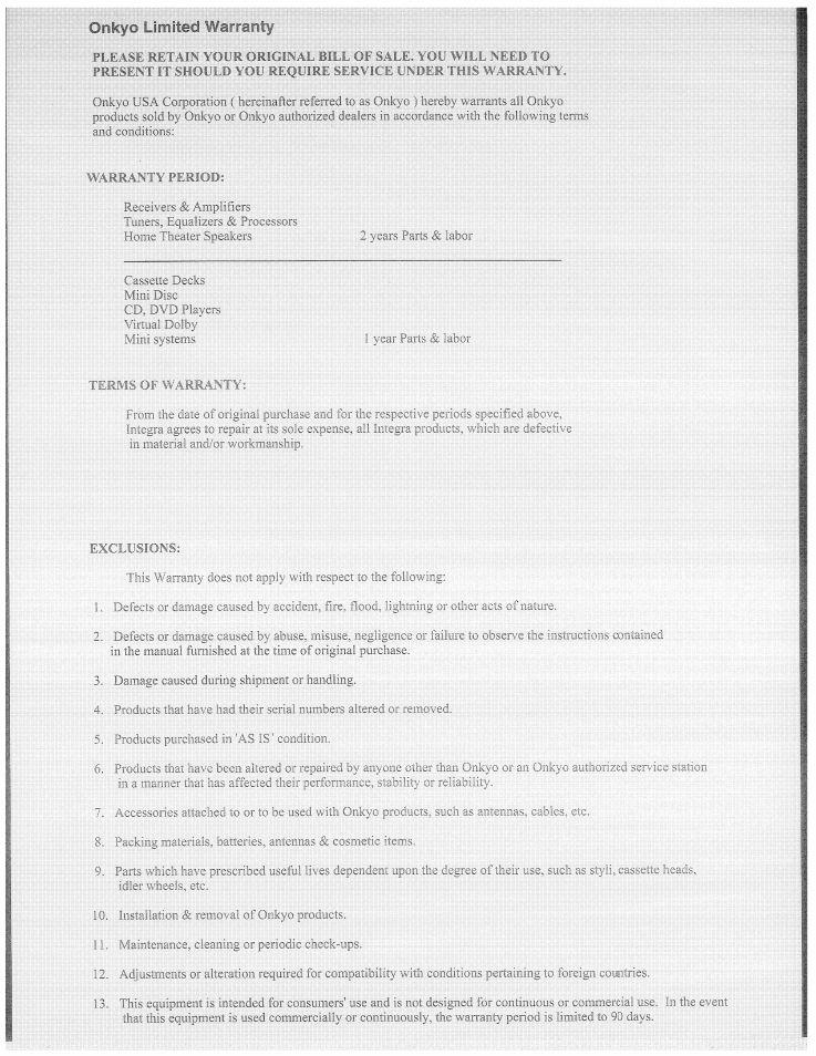 Warranty | Onkyo TX-SR800 User Manual | Page 80 / 81