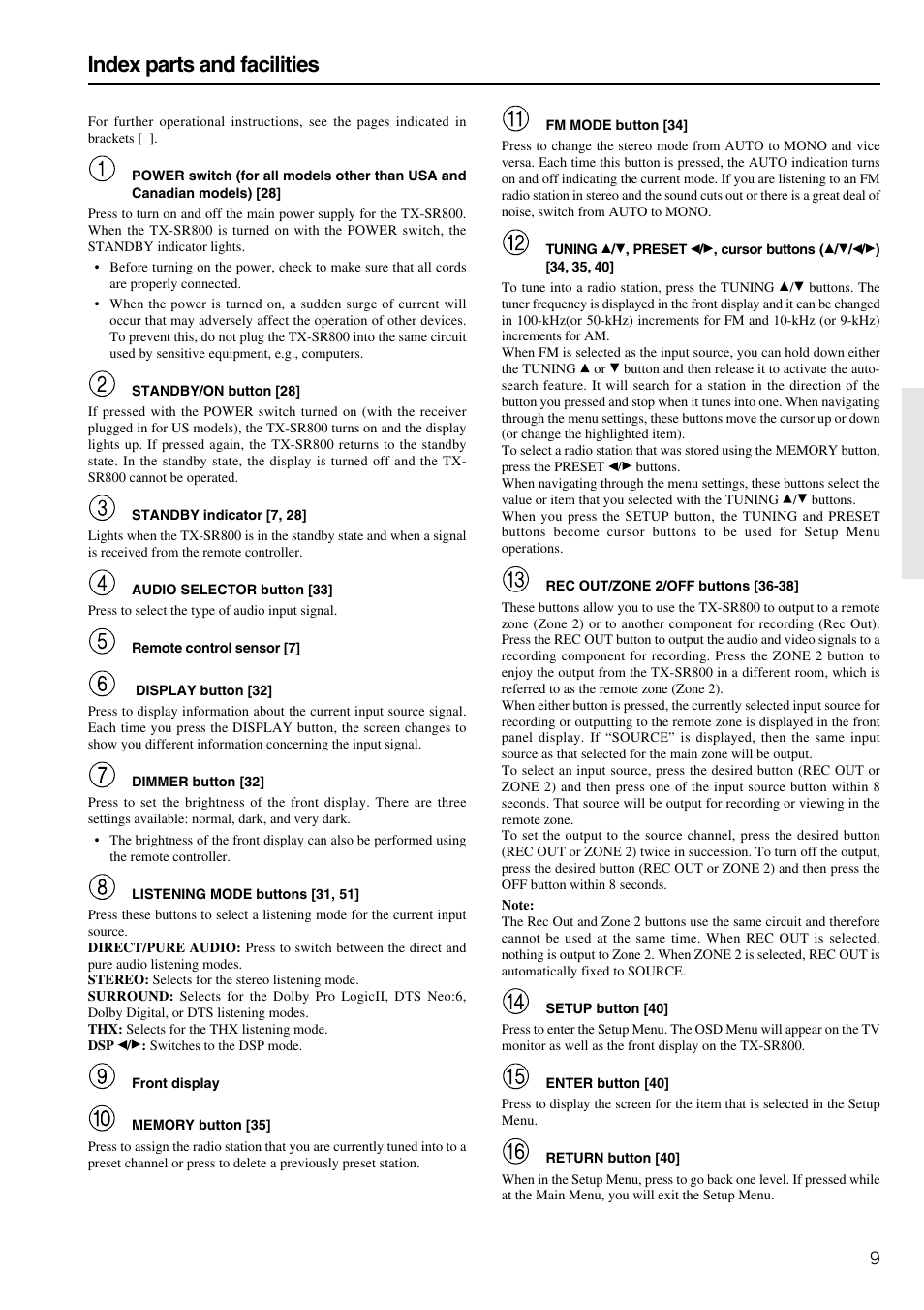 Index parts and facilities | Onkyo TX-SR800 User Manual | Page 9 / 81