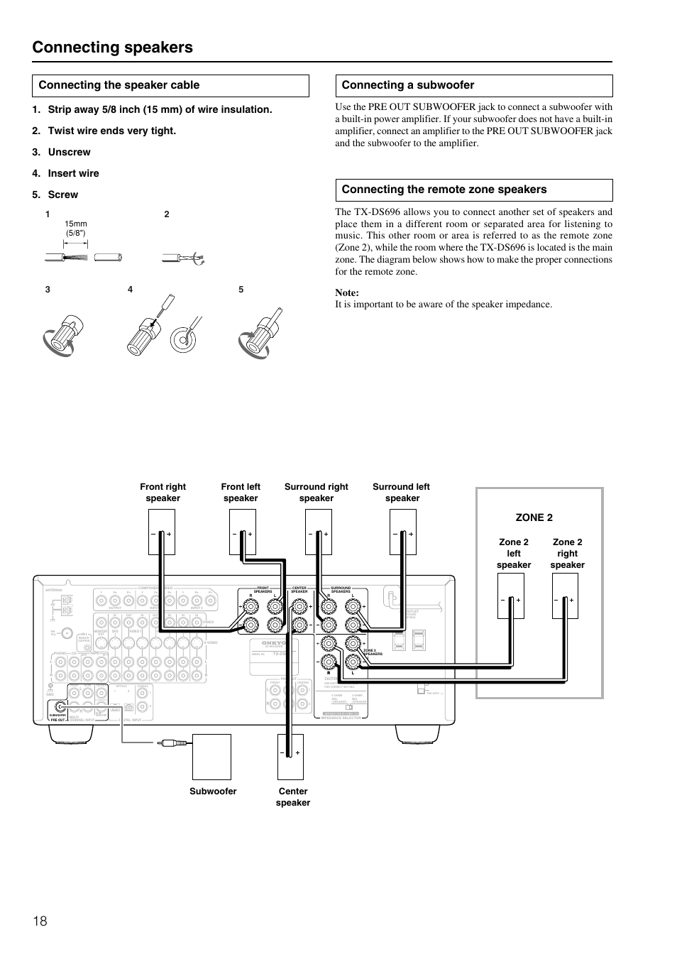 Connecting speakers, Connecting a subwoofer, Connecting the remote zone speakers | Connecting the speaker cable, Zone 2, Center speaker, Subwoofer, 15mm (5/8") | Onkyo TX-DS696 User Manual | Page 18 / 64