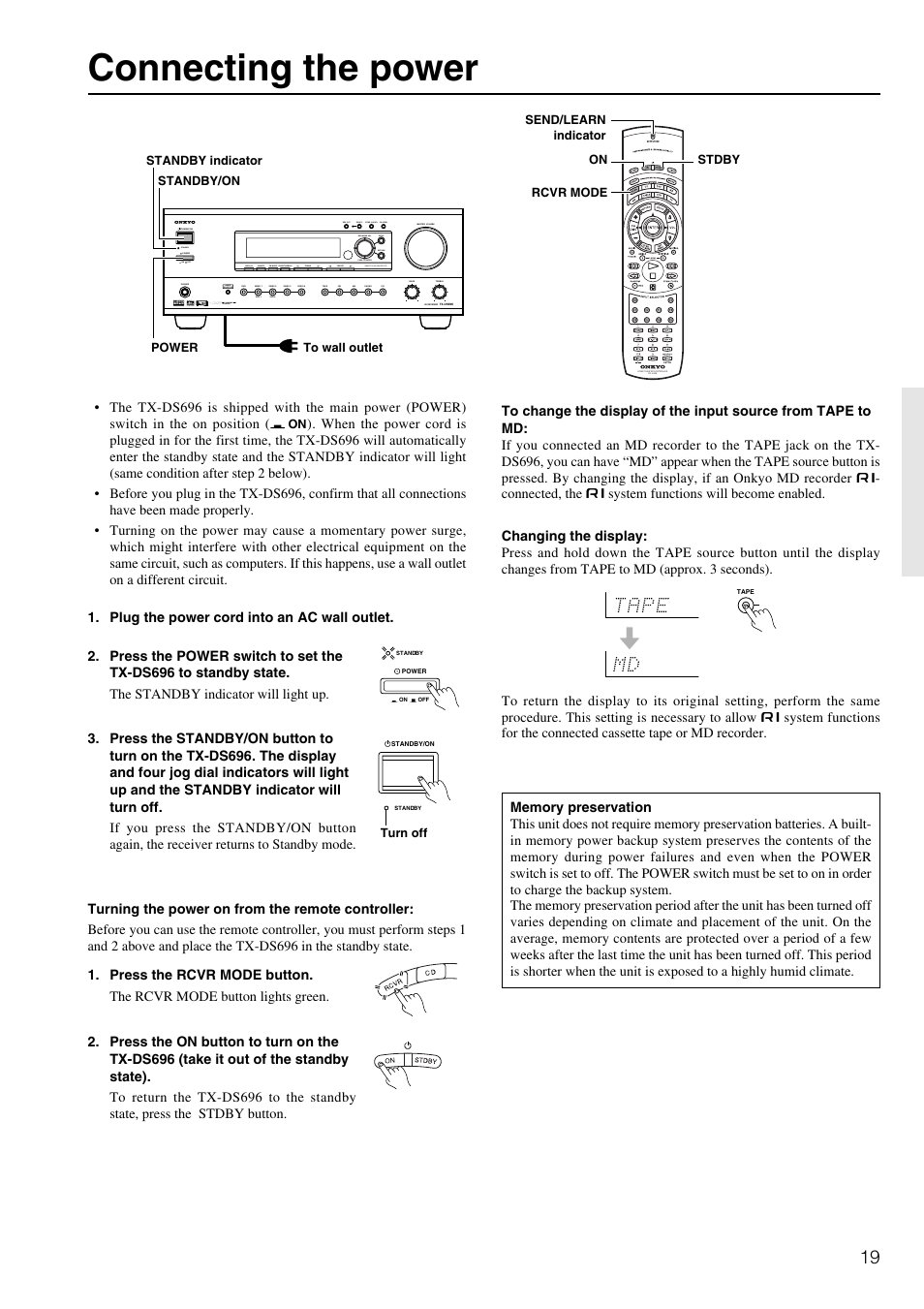 Connecting the power, Standby off on, Rec out zone 2 zone 2 level ch level | Onkyo TX-DS696 User Manual | Page 19 / 64