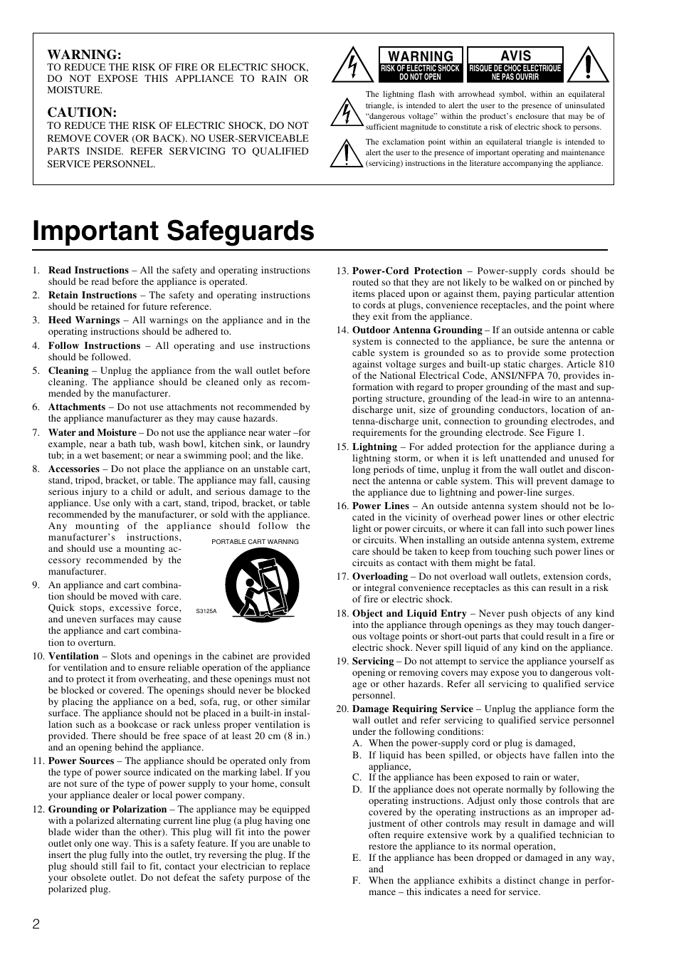 Important safeguards, Warning, Caution | Avis | Onkyo TX-DS696 User Manual | Page 2 / 64