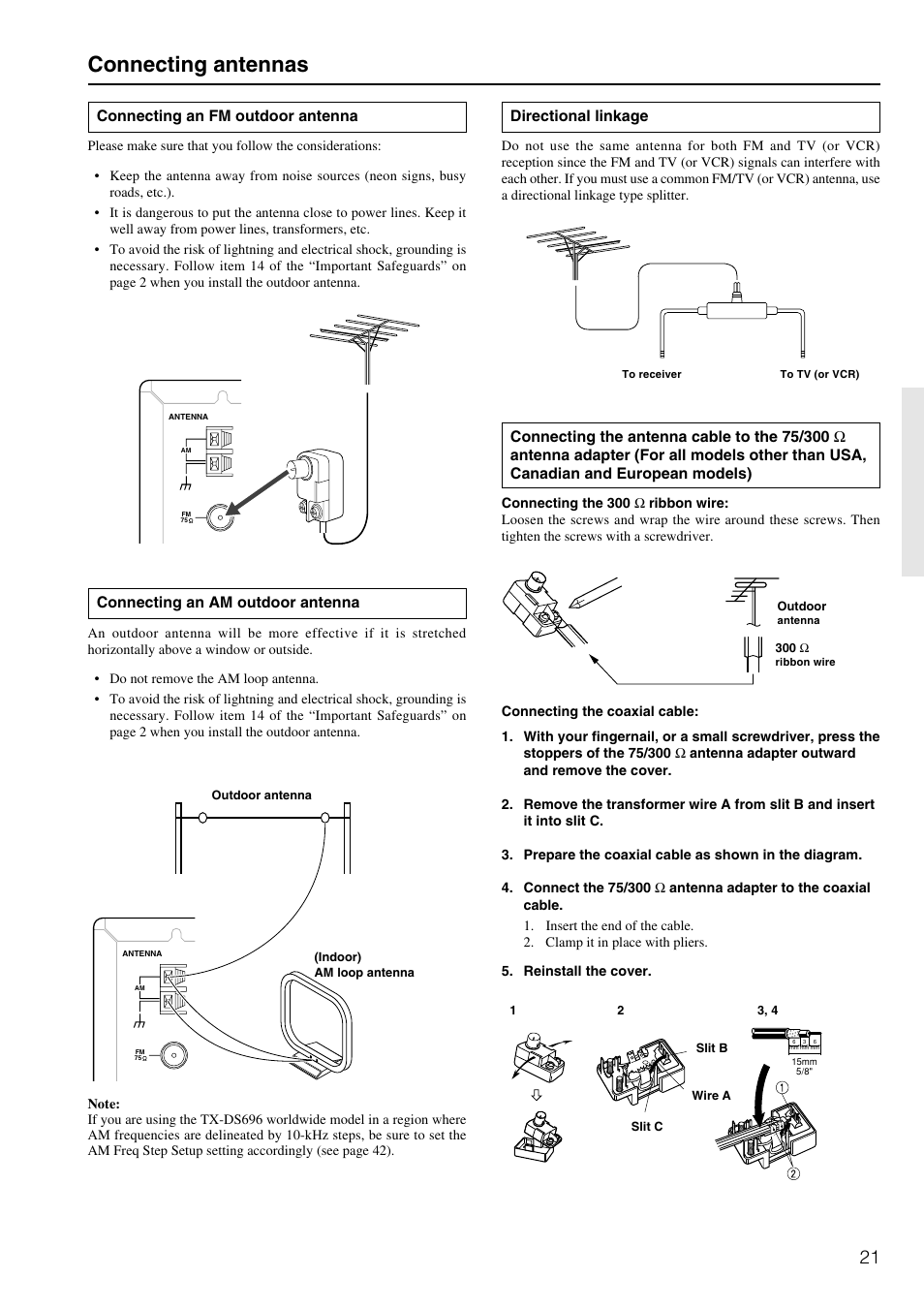 Connecting antennas, Connecting an am outdoor antenna, Directional linkage | Connecting an fm outdoor antenna | Onkyo TX-DS696 User Manual | Page 21 / 64