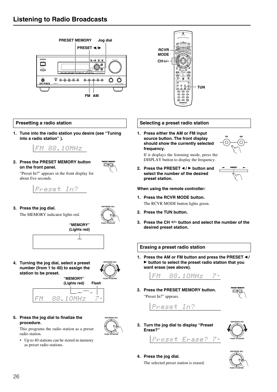 Listening to radio broadcasts, Erasing a preset radio station, Presetting a radio station | Selecting a preset radio station, Standby off on, Rec out zone 2 zone 2 level ch level | Onkyo TX-DS696 User Manual | Page 26 / 64