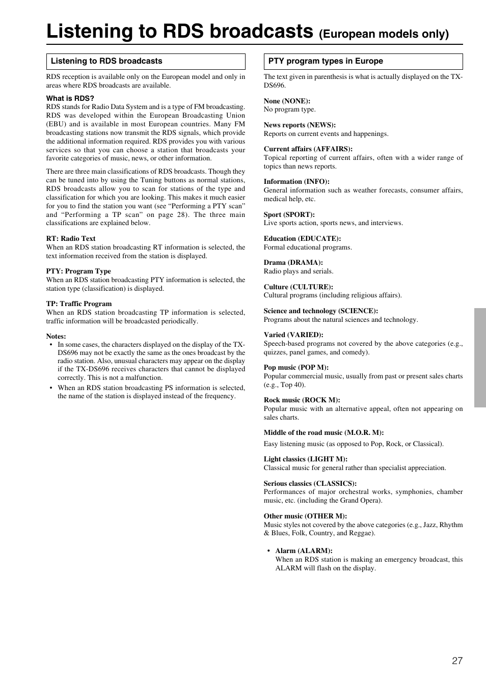 Listening to rds broadcasts, European models only) | Onkyo TX-DS696 User Manual | Page 27 / 64