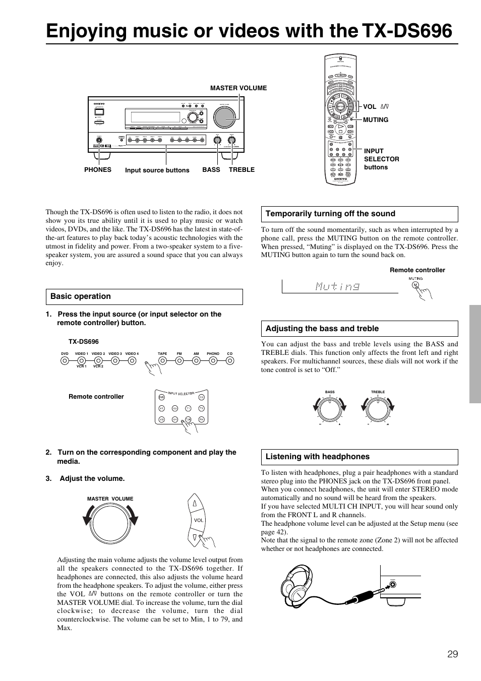 Enjoying music or videos with the tx-ds696, Listening with headphones, Adjusting the bass and treble | Temporarily turning off the sound, Basic operation, Standby off on, Rec out zone 2 zone 2 level ch level | Onkyo TX-DS696 User Manual | Page 29 / 64