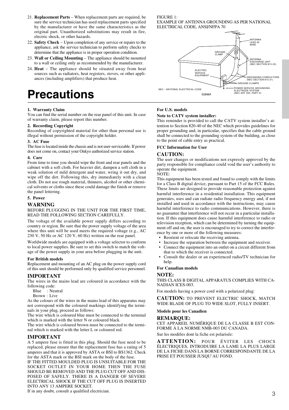 Precautions | Onkyo TX-DS696 User Manual | Page 3 / 64