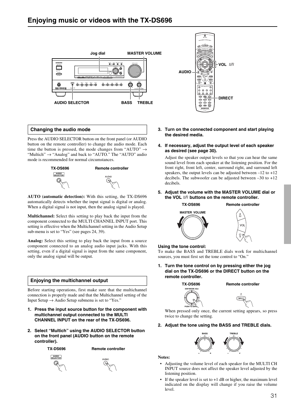 Enjoying music or videos with the tx-ds696, Changing the audio mode, Enjoying the multichannel output | Standby off on, Rec out zone 2 zone 2 level ch level | Onkyo TX-DS696 User Manual | Page 31 / 64