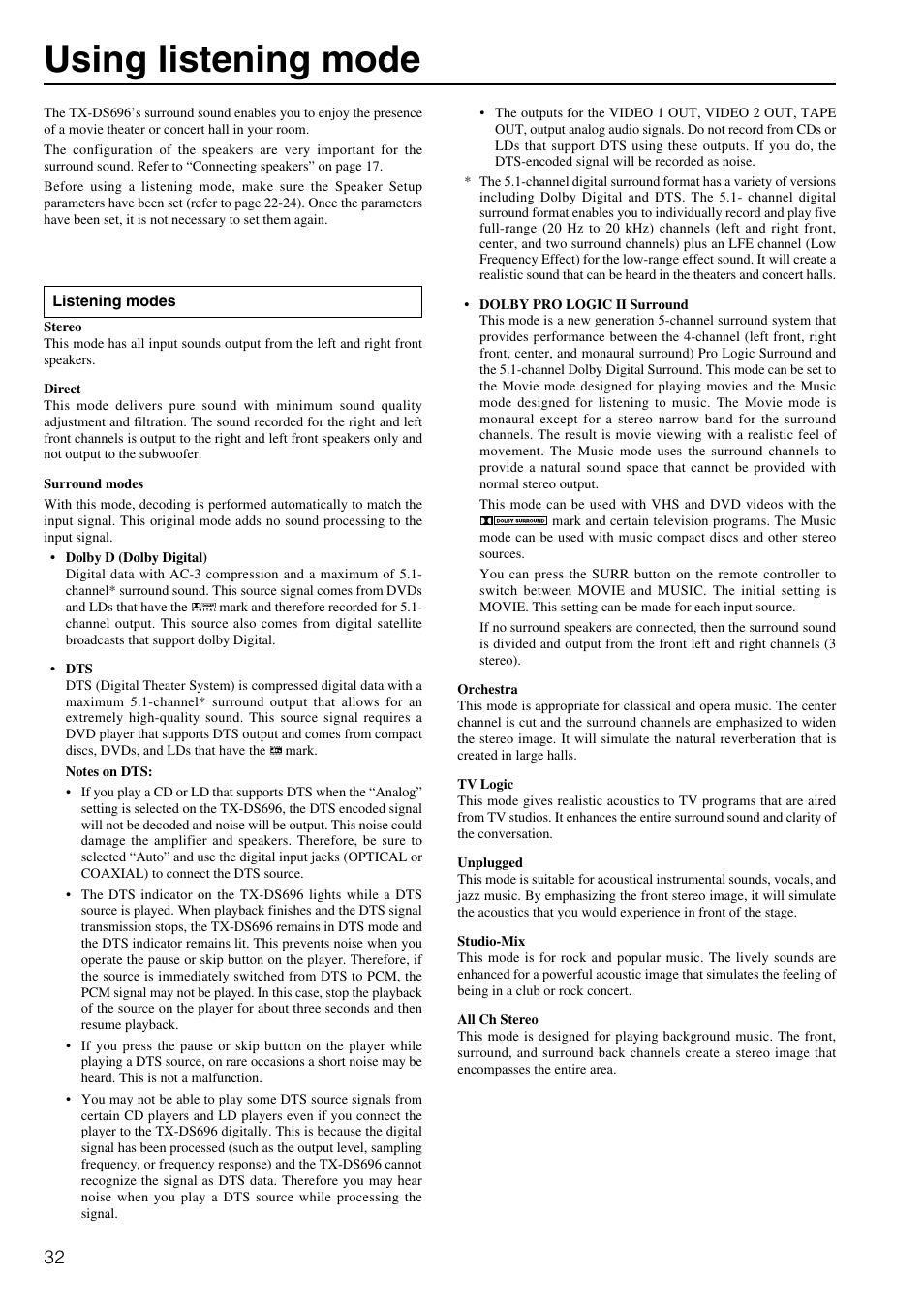 Using listening mode | Onkyo TX-DS696 User Manual | Page 32 / 64