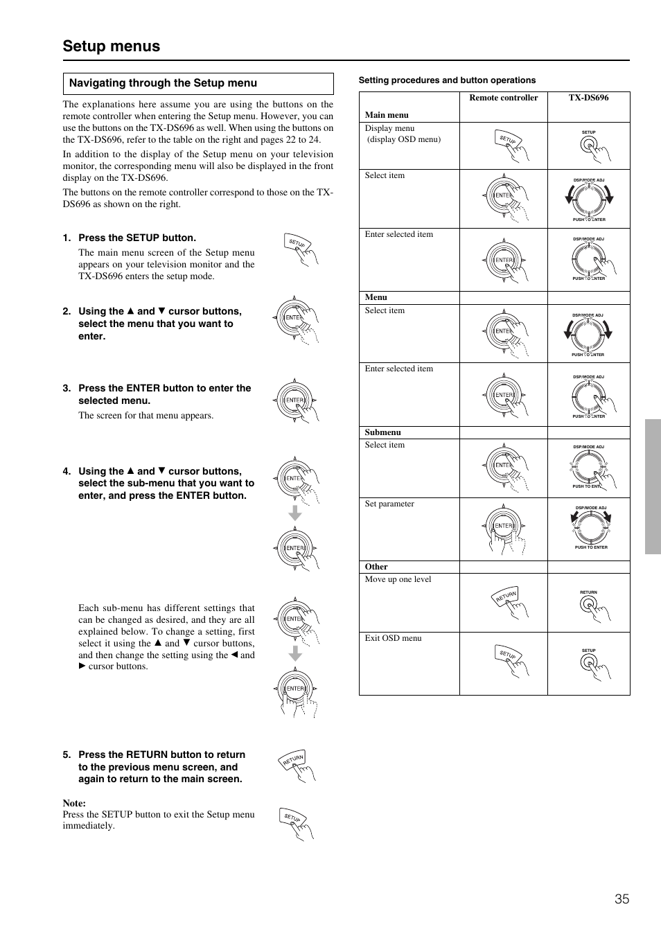 Setup menus, Navigating through the setup menu | Onkyo TX-DS696 User Manual | Page 35 / 64