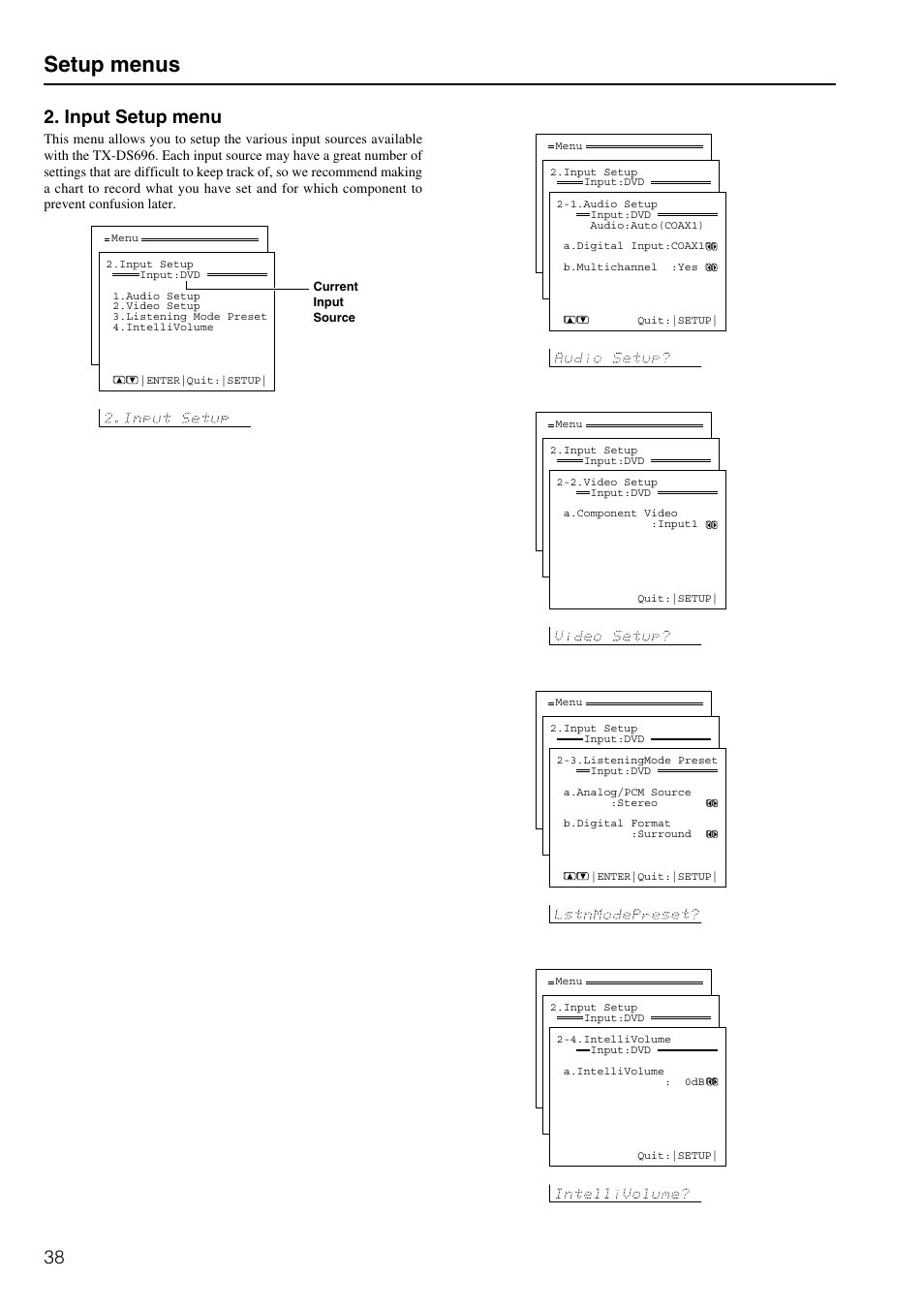 Setup menus, Input setup menu | Onkyo TX-DS696 User Manual | Page 38 / 64