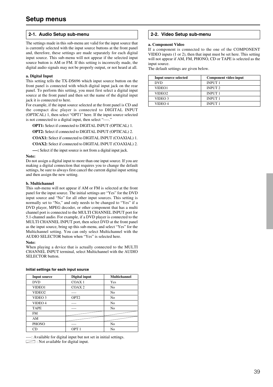 Setup menus | Onkyo TX-DS696 User Manual | Page 39 / 64