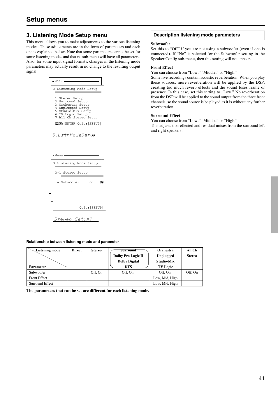 Setup menus, Listening mode setup menu, Description listening mode parameters | Onkyo TX-DS696 User Manual | Page 41 / 64