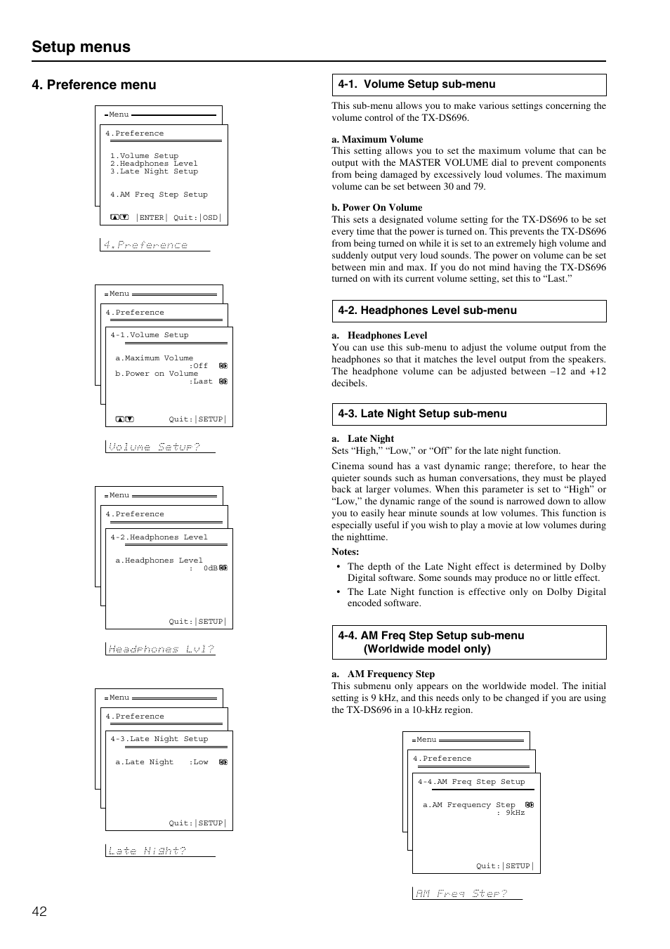 Setup menus, Preference menu, 2. headphones level sub-menu | 1. volume setup sub-menu, 3. late night setup sub-menu | Onkyo TX-DS696 User Manual | Page 42 / 64